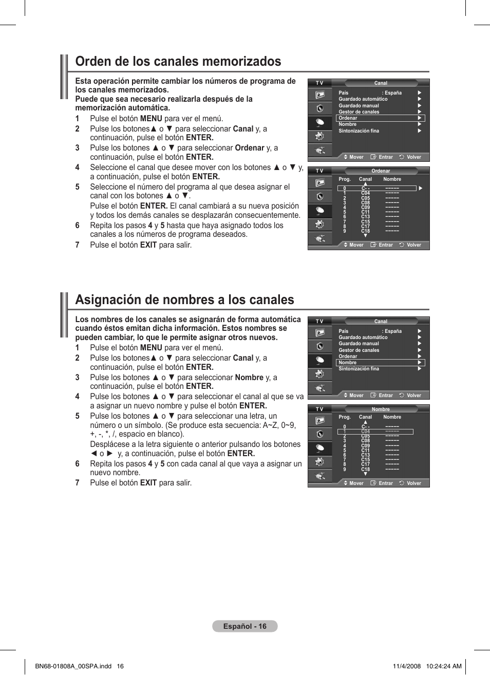 Asignación de nombres a los canales | Samsung PS50A410C1 User Manual | Page 205 / 455