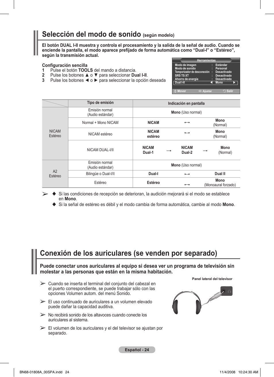 Selección del modo de sonido | Samsung PS50A410C1 User Manual | Page 213 / 455