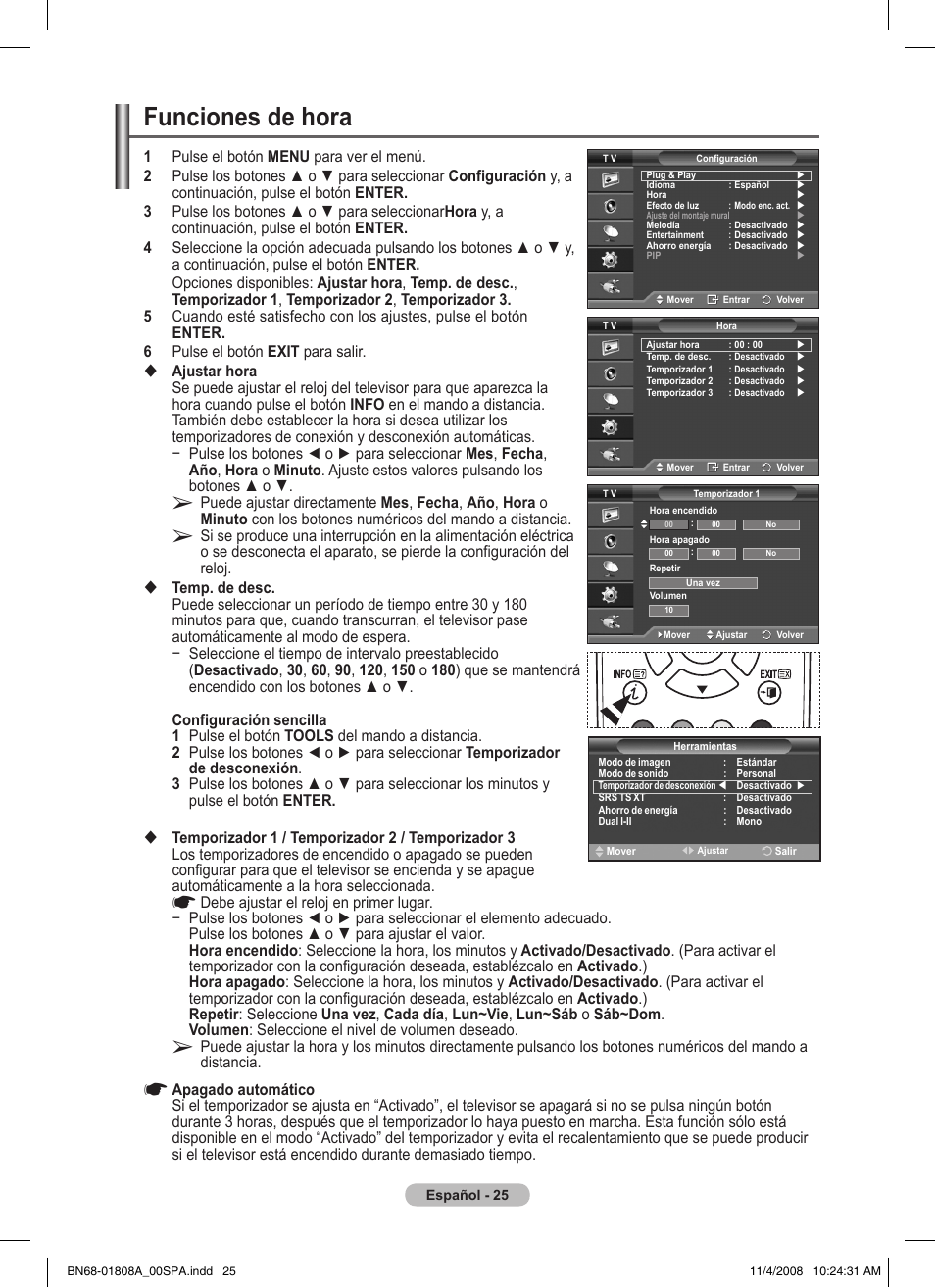 Funciones de hora | Samsung PS50A410C1 User Manual | Page 214 / 455