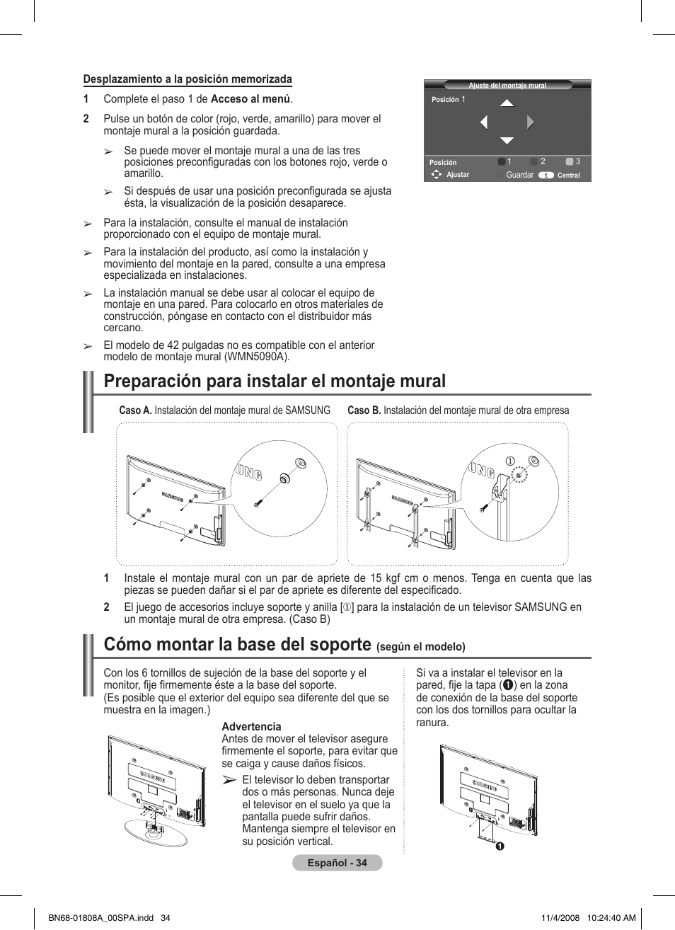 Cómo montar la base del soporte, Preparación para instalar el montaje mural | Samsung PS50A410C1 User Manual | Page 223 / 455