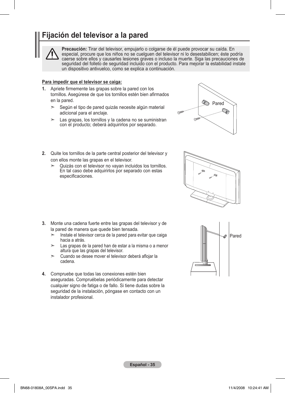 Fijación del televisor a la pared | Samsung PS50A410C1 User Manual | Page 224 / 455