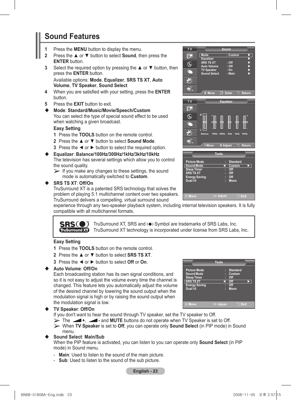 Sound features | Samsung PS50A410C1 User Manual | Page 23 / 455