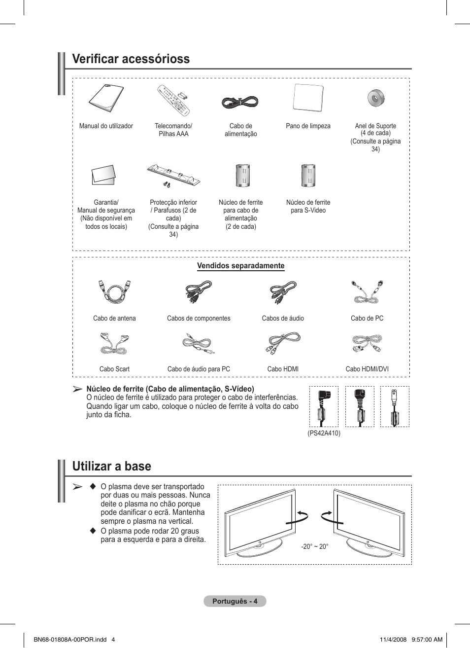 Utilizar a base, Verificar acessórioss | Samsung PS50A410C1 User Manual | Page 231 / 455