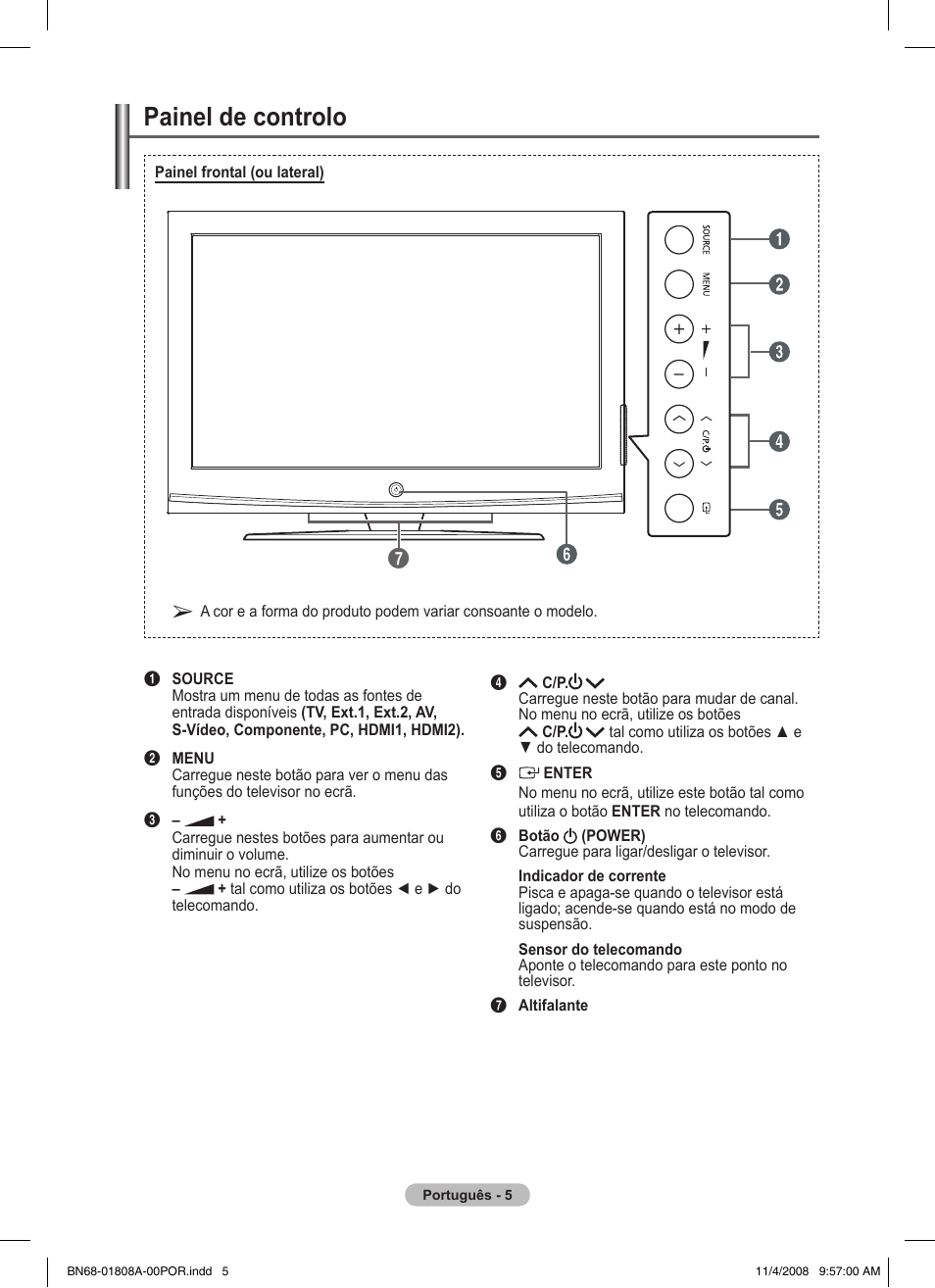 Painel de controlo | Samsung PS50A410C1 User Manual | Page 232 / 455