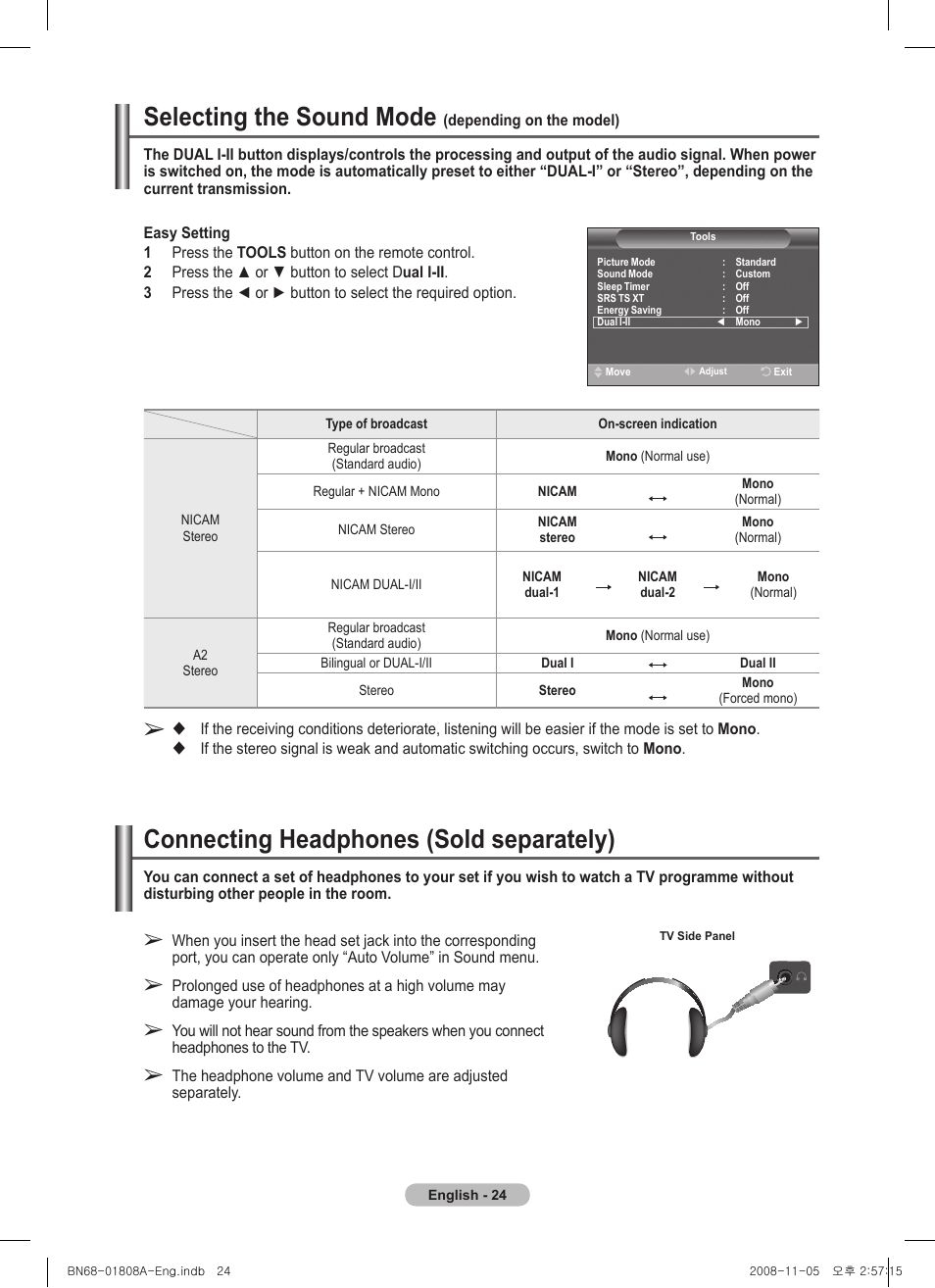 Selecting the sound mode (depending on the model), Connecting headphones (sold separately), Selecting the sound mode | Samsung PS50A410C1 User Manual | Page 24 / 455