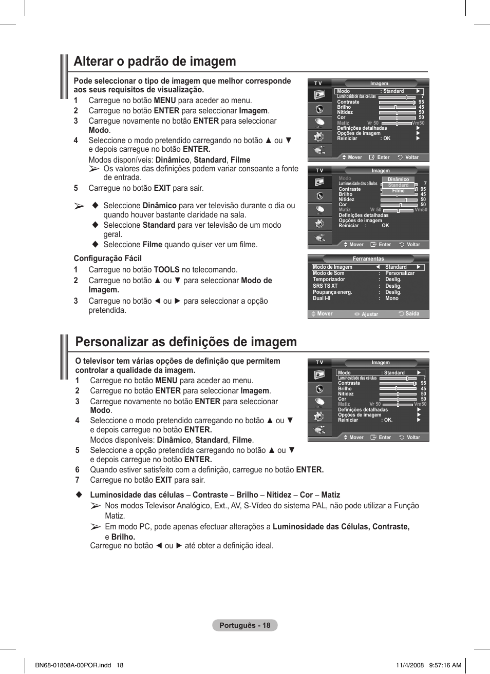 Personalizar as definições de imagem, Alterar o padrão de imagem | Samsung PS50A410C1 User Manual | Page 245 / 455
