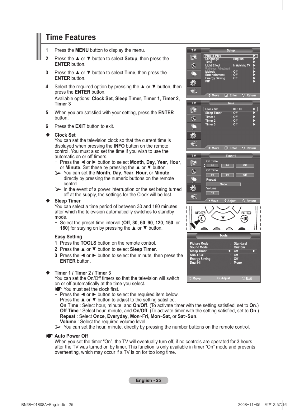 Time features | Samsung PS50A410C1 User Manual | Page 25 / 455