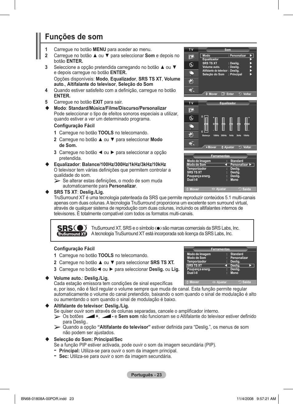 Funções de som | Samsung PS50A410C1 User Manual | Page 250 / 455