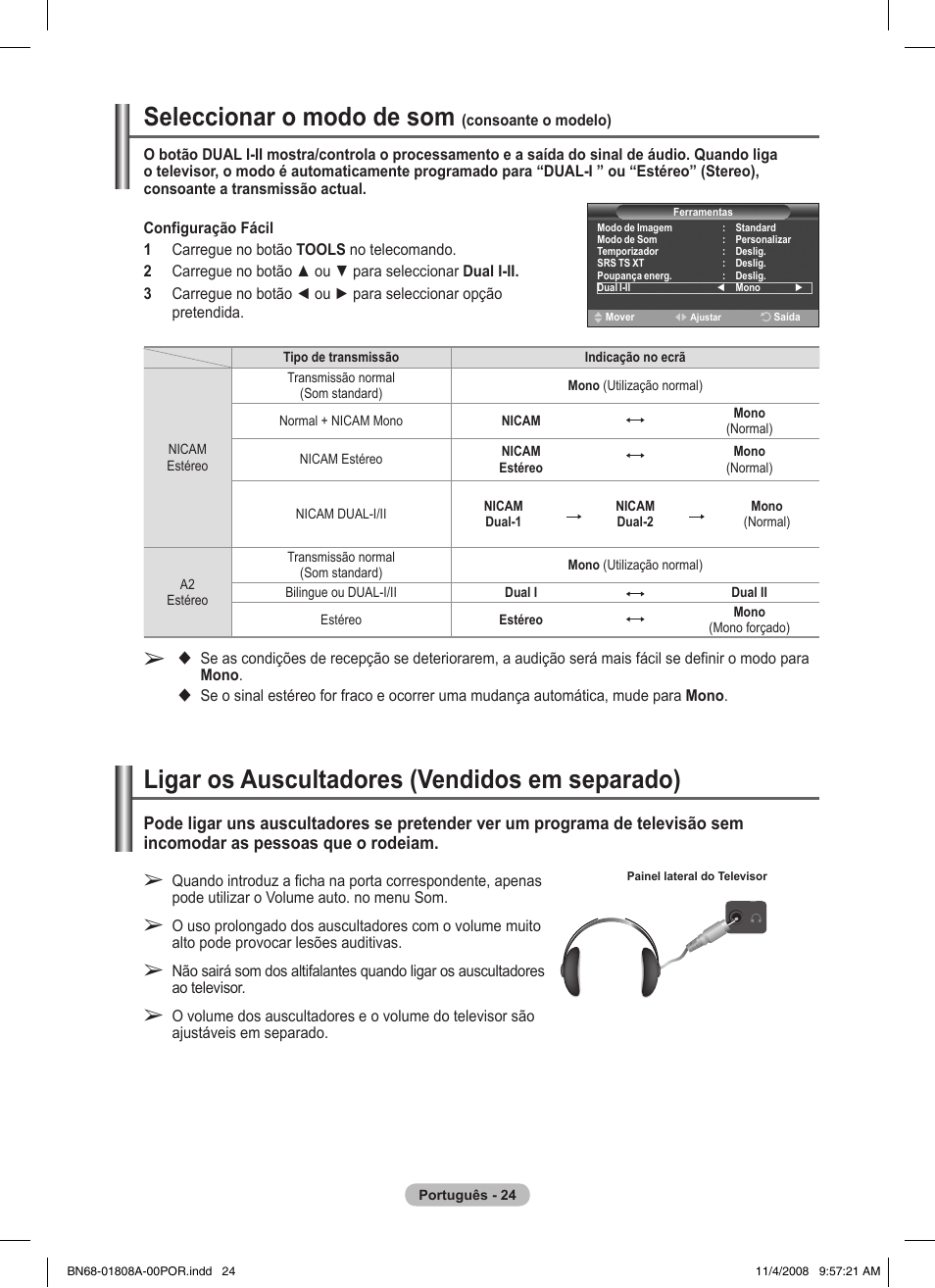 Seleccionar o modo de som, Ligar os auscultadores (vendidos em separado) | Samsung PS50A410C1 User Manual | Page 251 / 455