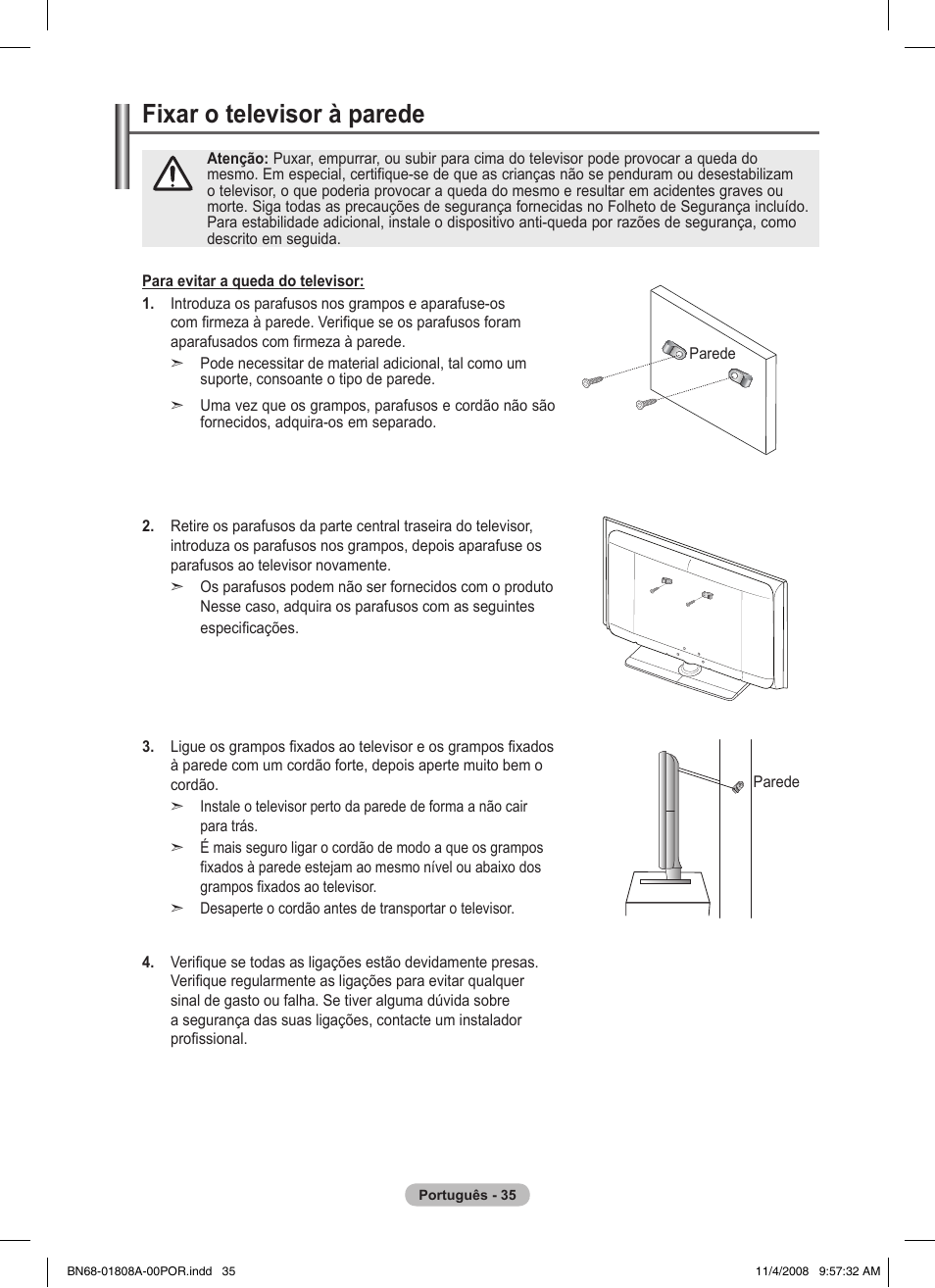 Fixar o televisor à parede | Samsung PS50A410C1 User Manual | Page 262 / 455