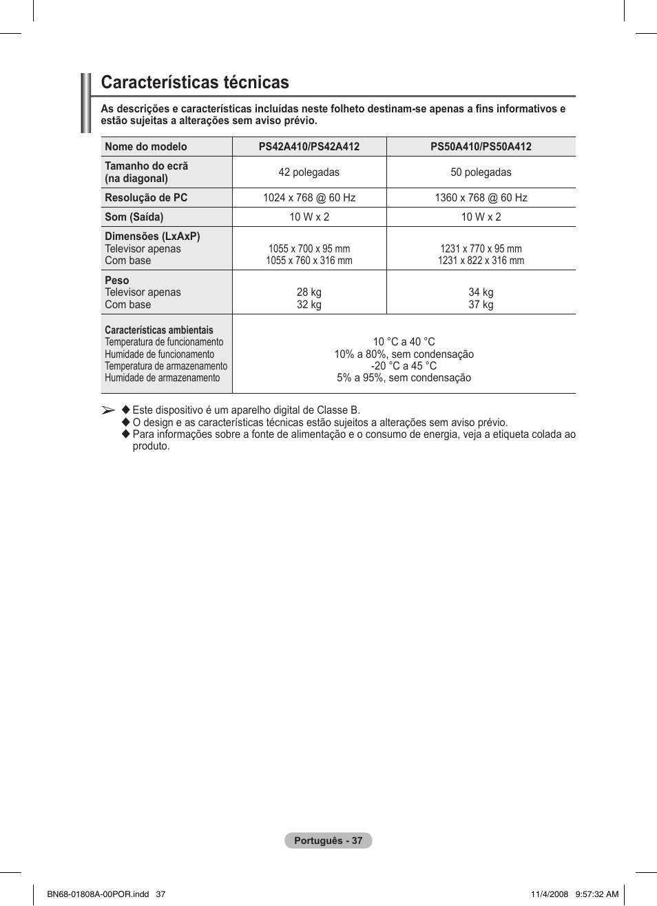 Características técnicas | Samsung PS50A410C1 User Manual | Page 264 / 455