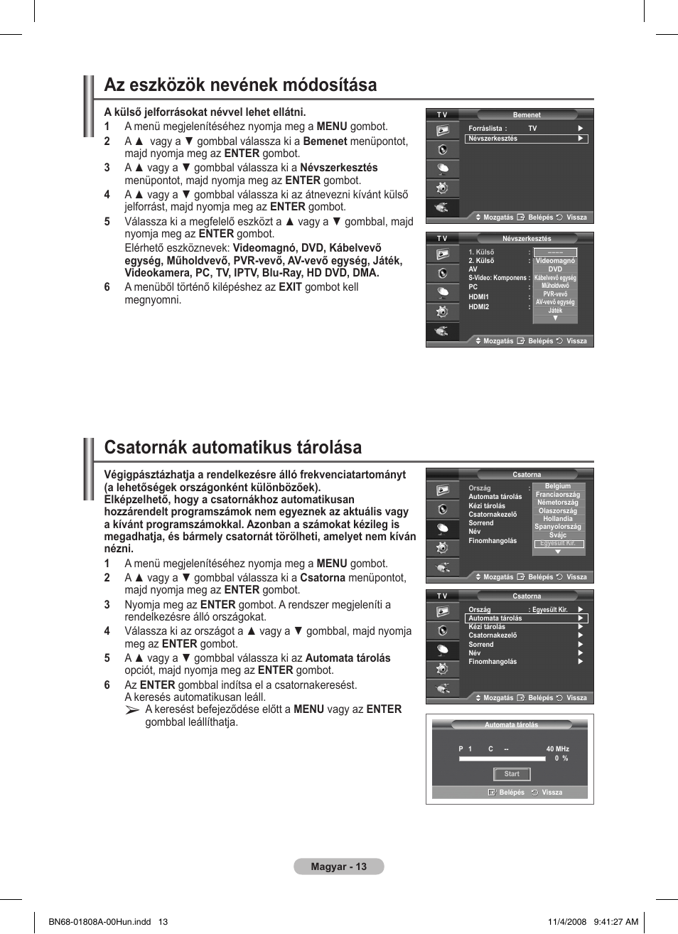 Az eszközök nevének módosítása, Csatornák automatikus tárolása | Samsung PS50A410C1 User Manual | Page 278 / 455