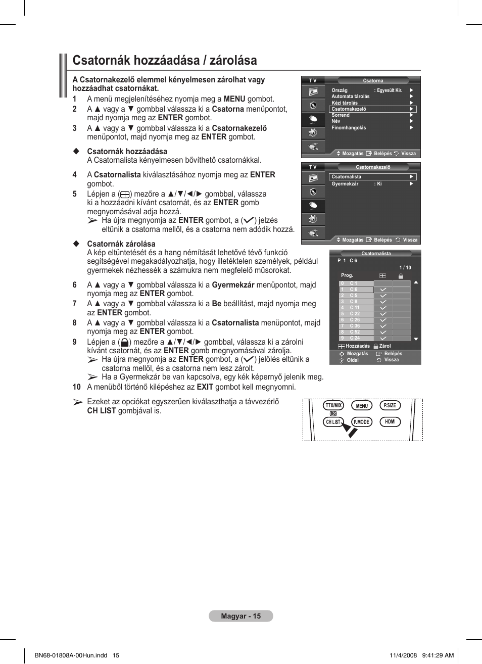 Csatornák hozzáadása / zárolása | Samsung PS50A410C1 User Manual | Page 280 / 455