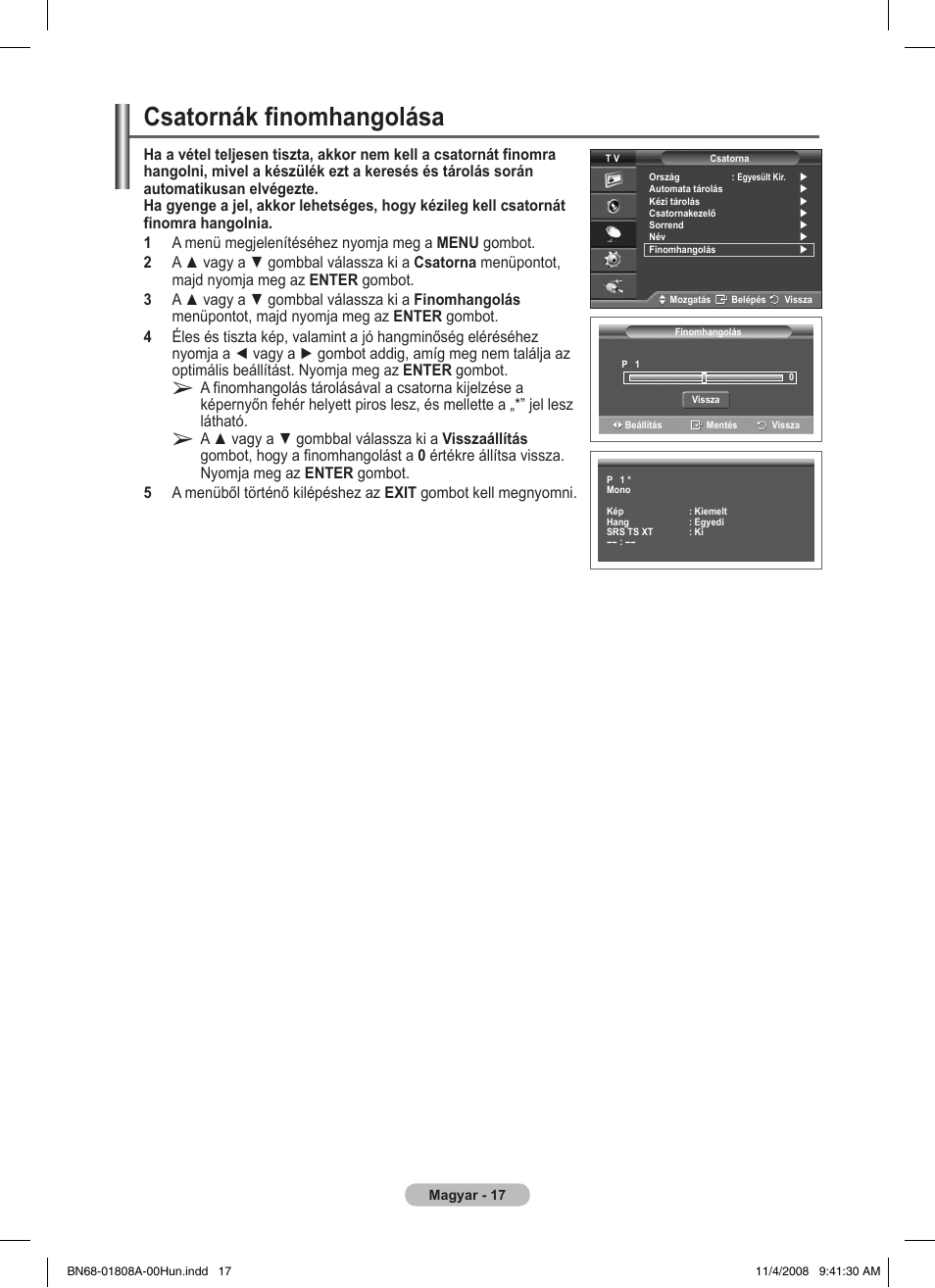 Csatornák finomhangolása | Samsung PS50A410C1 User Manual | Page 282 / 455