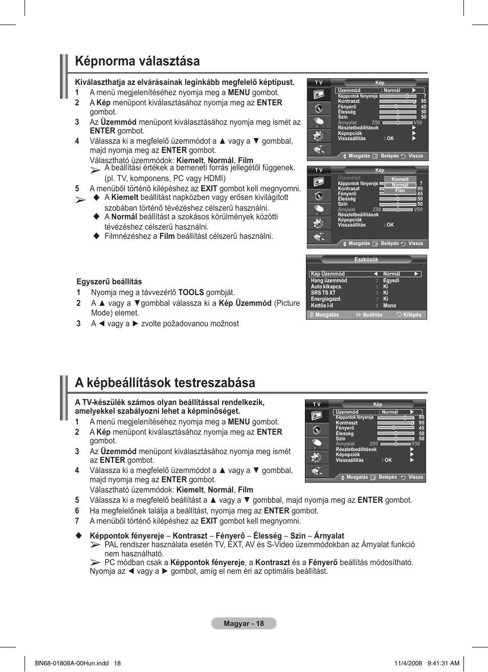 A képbeállítások testreszabása, Képnorma választása | Samsung PS50A410C1 User Manual | Page 283 / 455