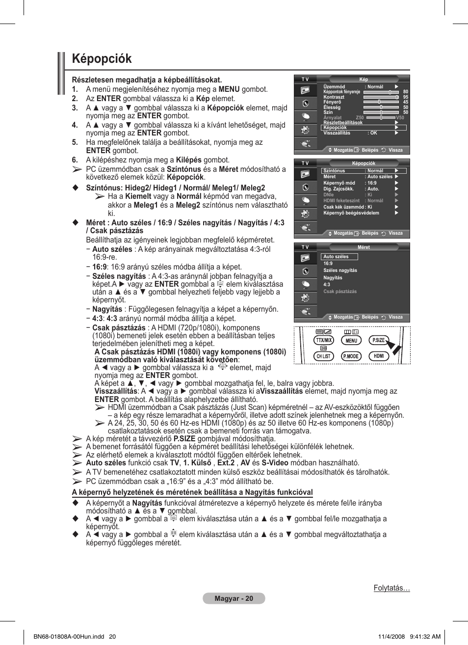 Képopciók | Samsung PS50A410C1 User Manual | Page 285 / 455