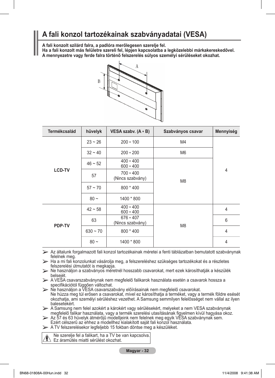 A fali konzol tartozékainak szabványadatai (vesa) | Samsung PS50A410C1 User Manual | Page 297 / 455