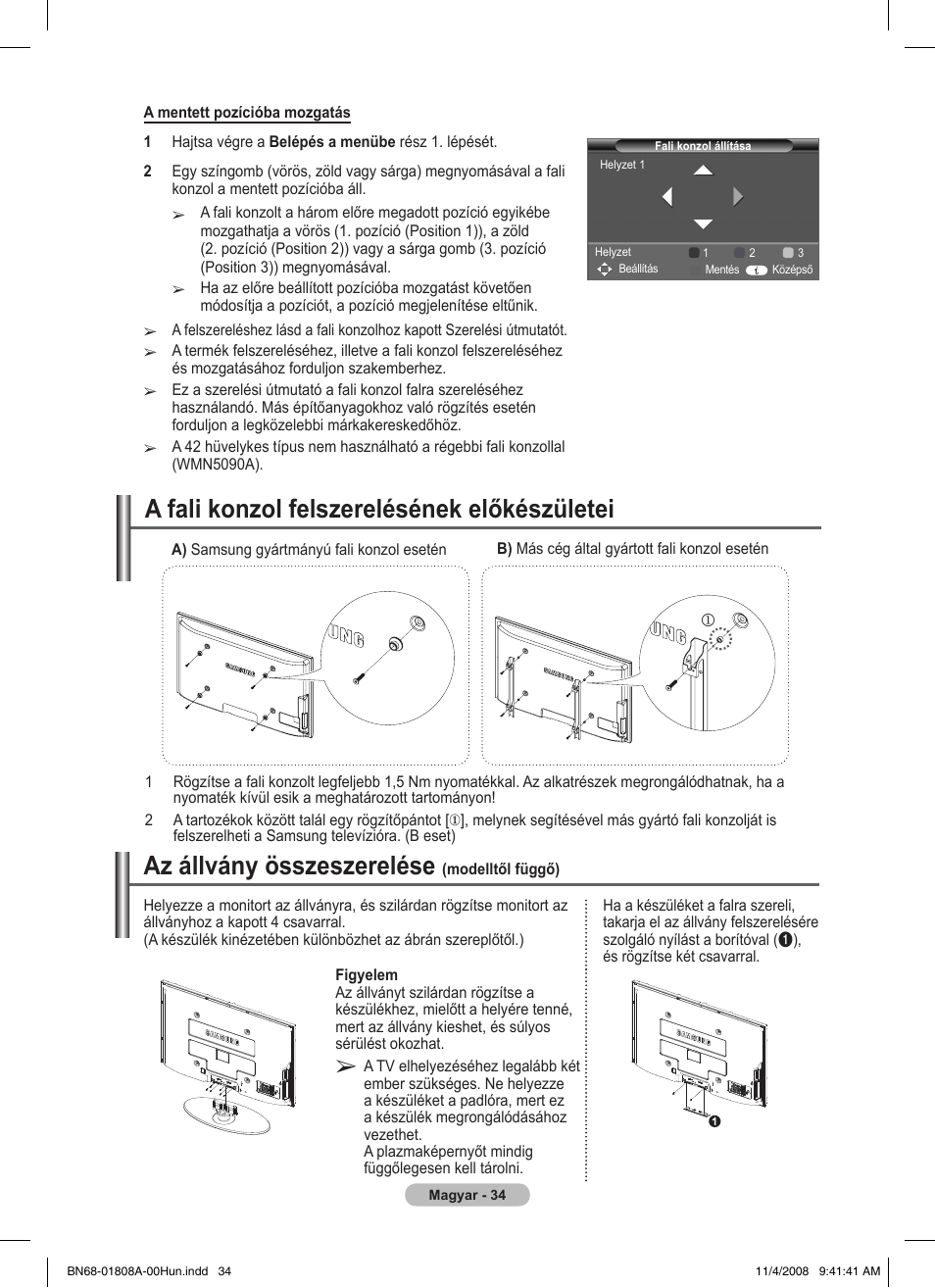 Az állvány összeszerelése, A fali konzol felszerelésének előkészületei | Samsung PS50A410C1 User Manual | Page 299 / 455