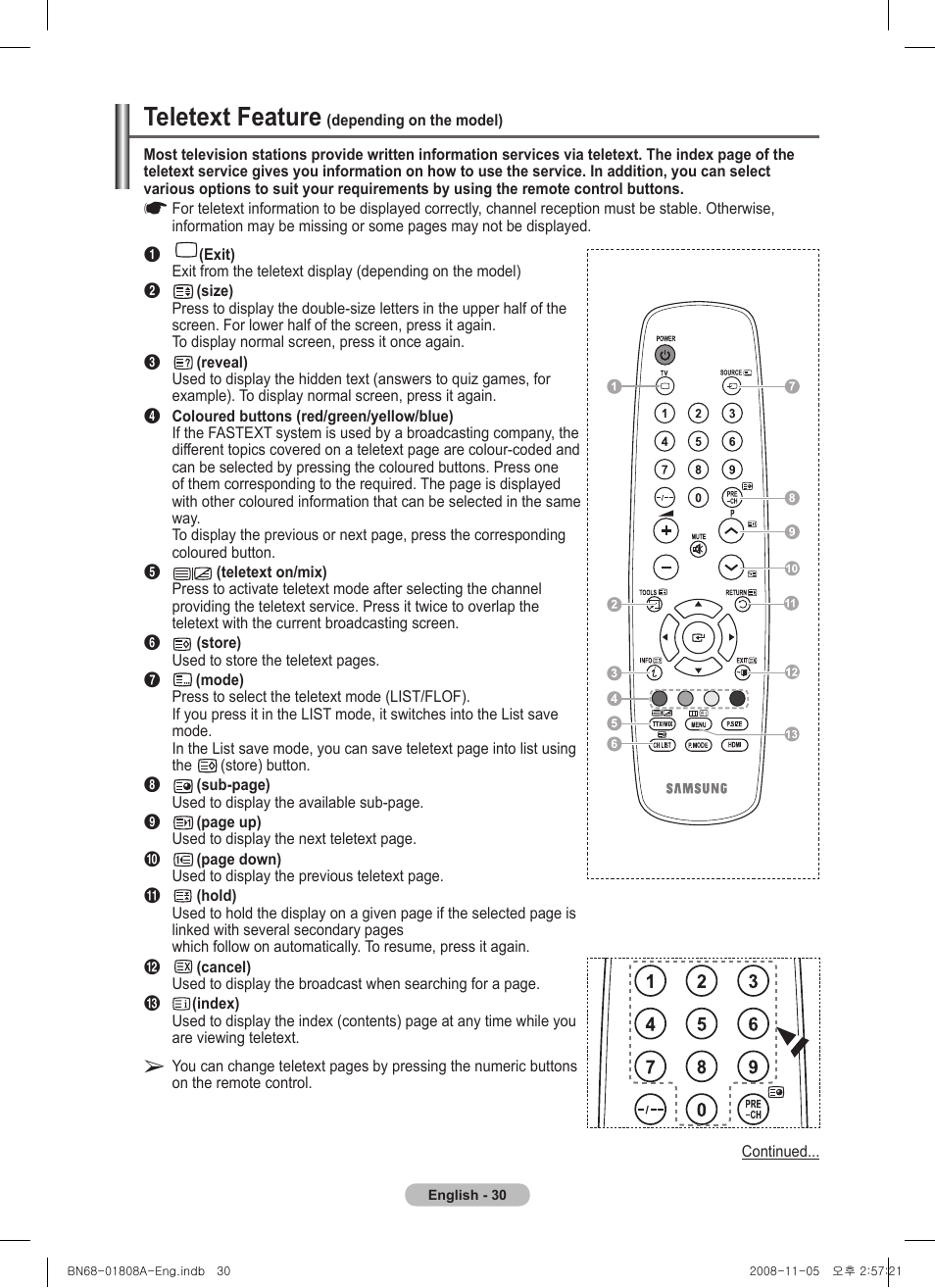 Teletext feature (depending on the model), Teletext feature | Samsung PS50A410C1 User Manual | Page 30 / 455