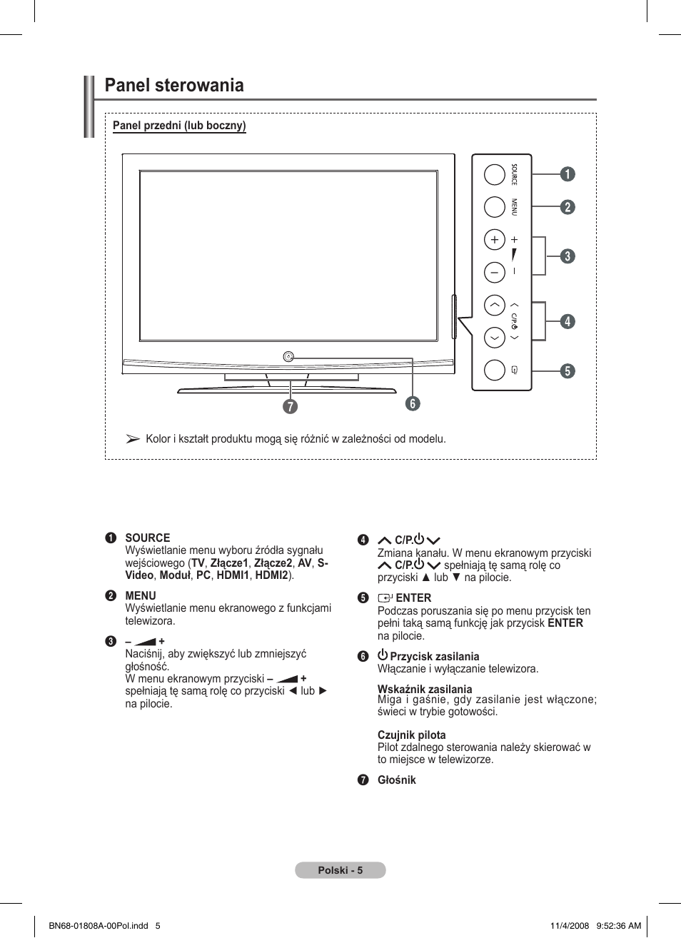 Panel sterowania | Samsung PS50A410C1 User Manual | Page 308 / 455