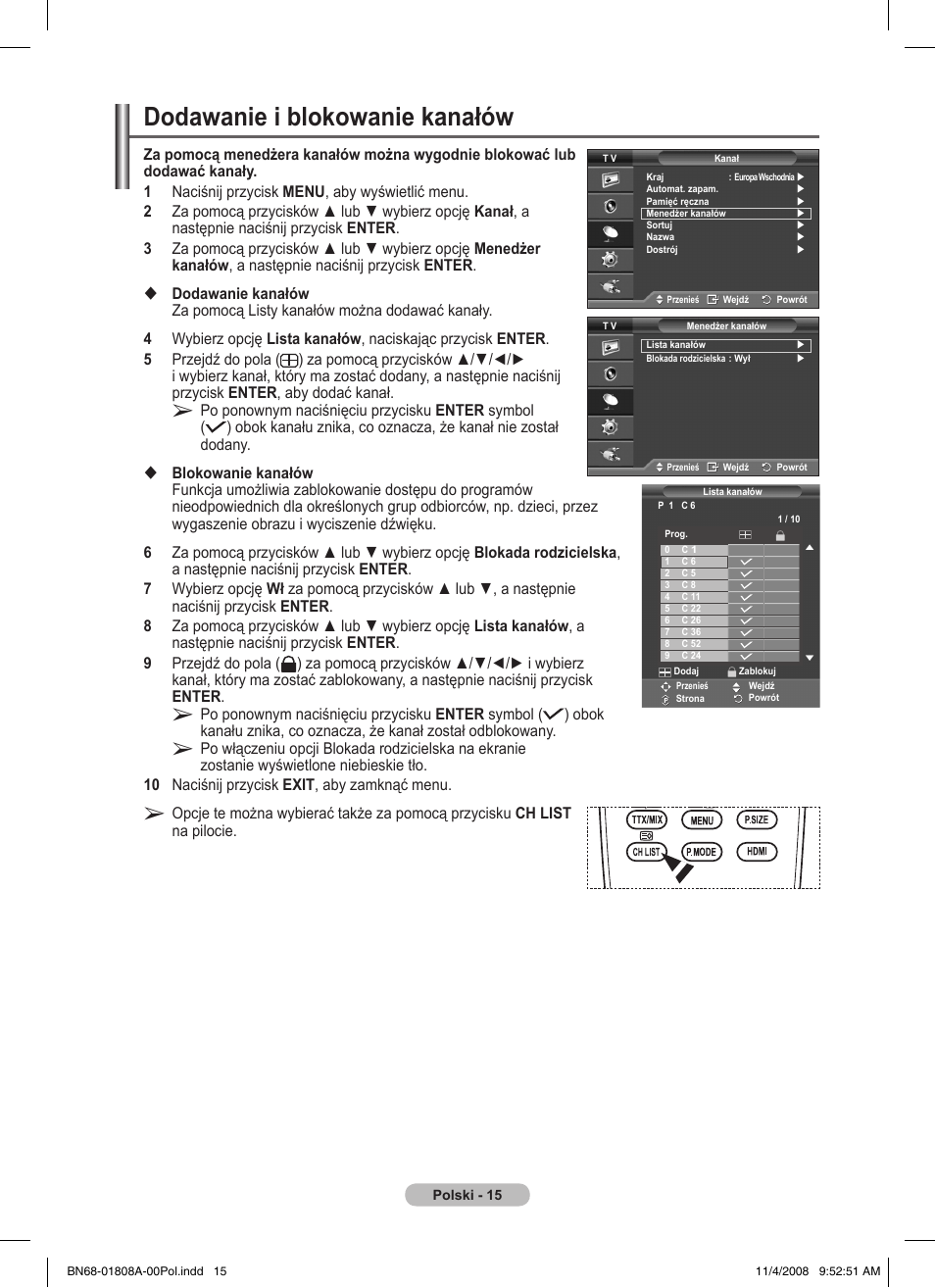 Dodawanie i blokowanie kanałów | Samsung PS50A410C1 User Manual | Page 318 / 455