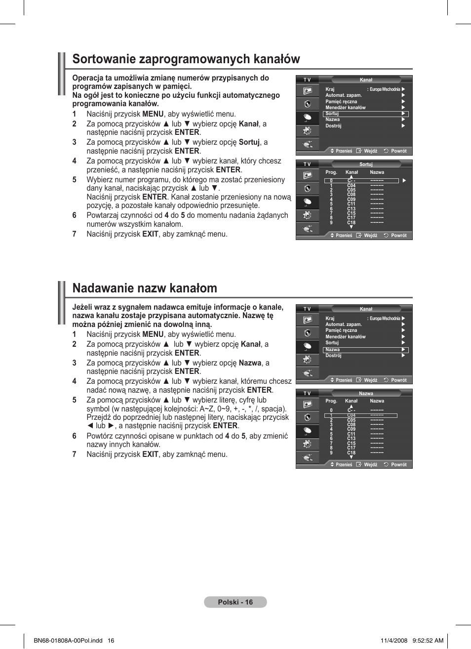 Sortowanie zaprogramowanych kanałów, Nadawanie nazw kanałom | Samsung PS50A410C1 User Manual | Page 319 / 455