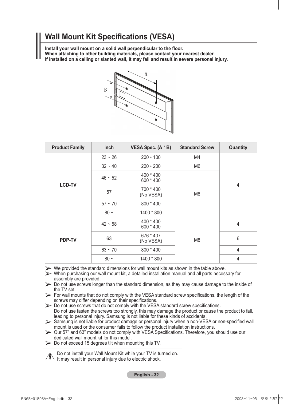 Wall mount kit specifications (vesa) | Samsung PS50A410C1 User Manual | Page 32 / 455