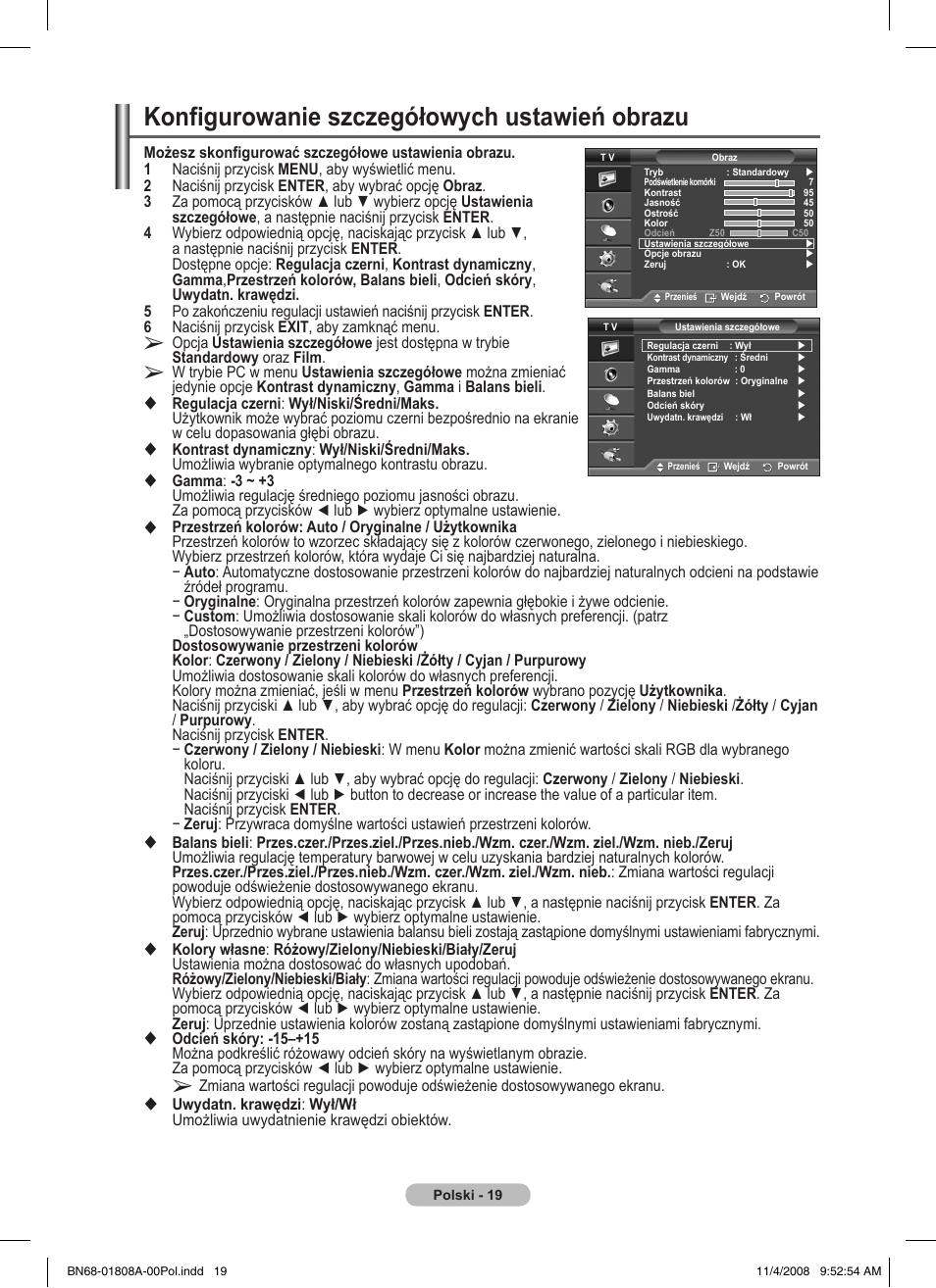 Konfigurowanie szczegółowych ustawień obrazu | Samsung PS50A410C1 User Manual | Page 322 / 455