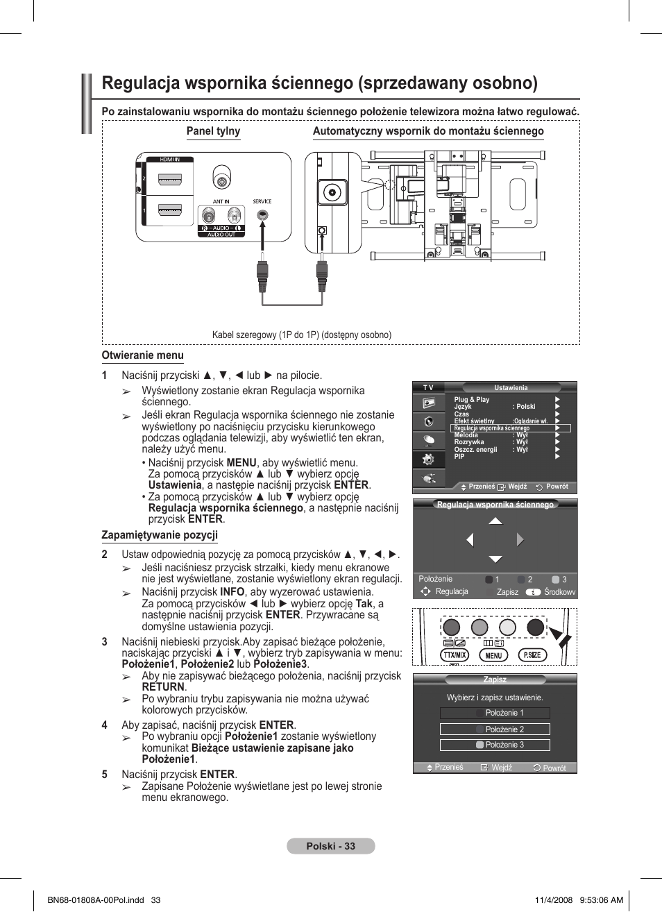 Regulacja wspornika ściennego (sprzedawany osobno) | Samsung PS50A410C1 User Manual | Page 336 / 455