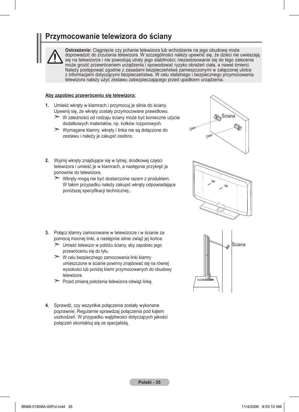Przymocowanie telewizora do ściany | Samsung PS50A410C1 User Manual | Page 338 / 455