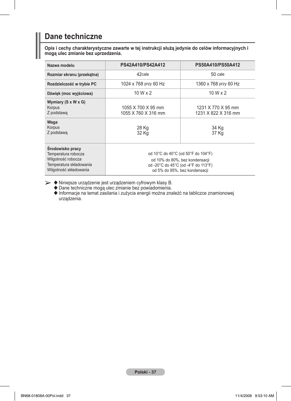 Dane techniczne | Samsung PS50A410C1 User Manual | Page 340 / 455