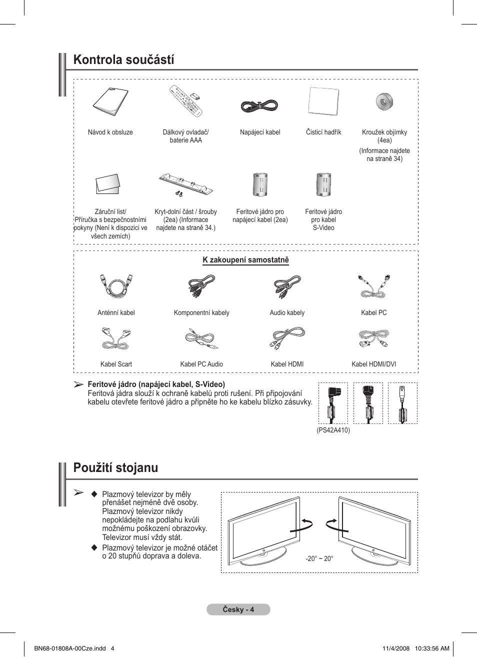 Kontrola součástí, Použití stojanu | Samsung PS50A410C1 User Manual | Page 345 / 455