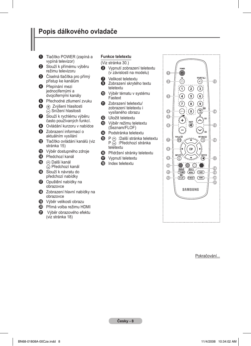 Popis dálkového ovladače | Samsung PS50A410C1 User Manual | Page 349 / 455