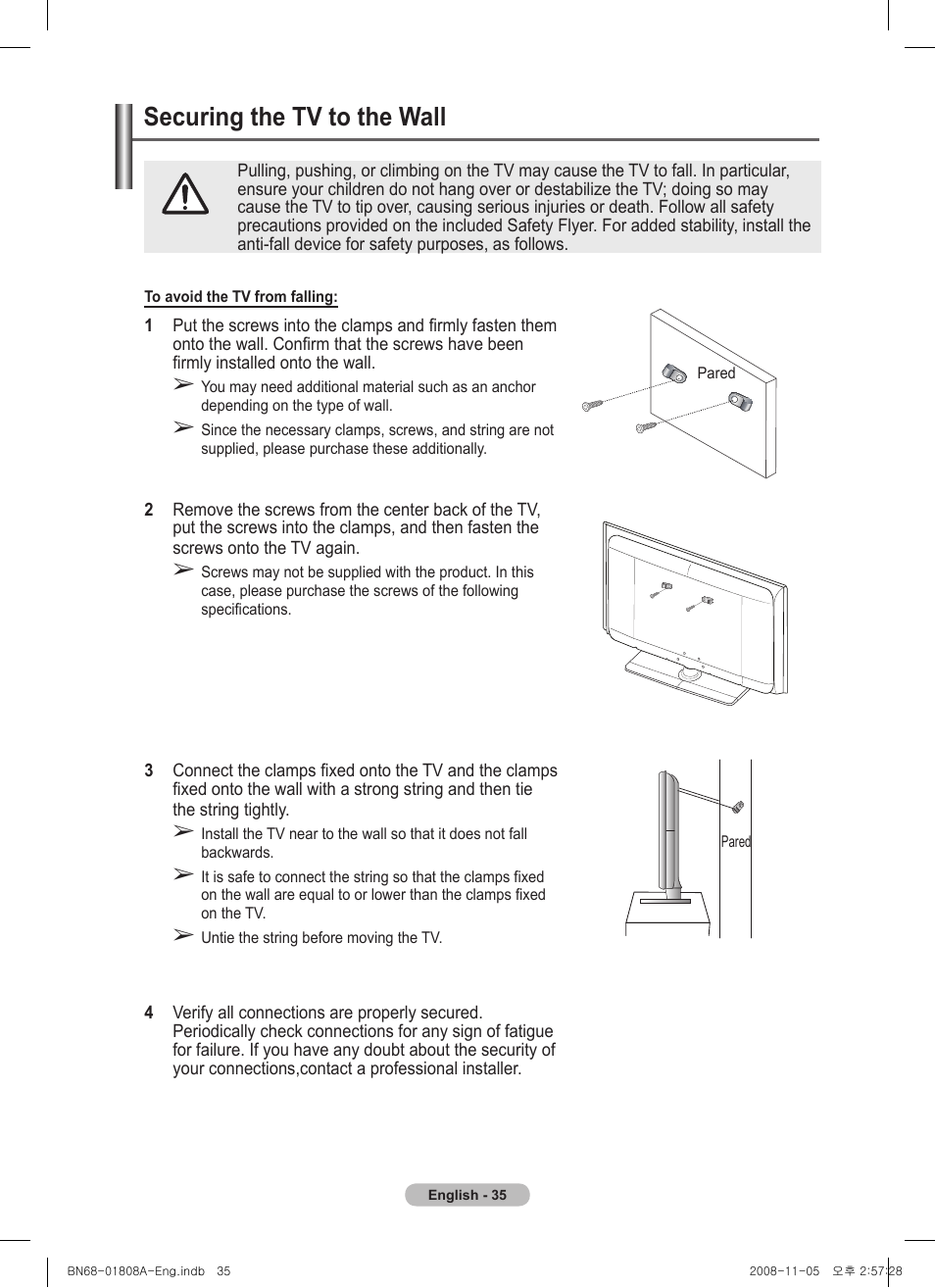 Securing the tv to the wall, 경고 주의 경고 주의 | Samsung PS50A410C1 User Manual | Page 35 / 455