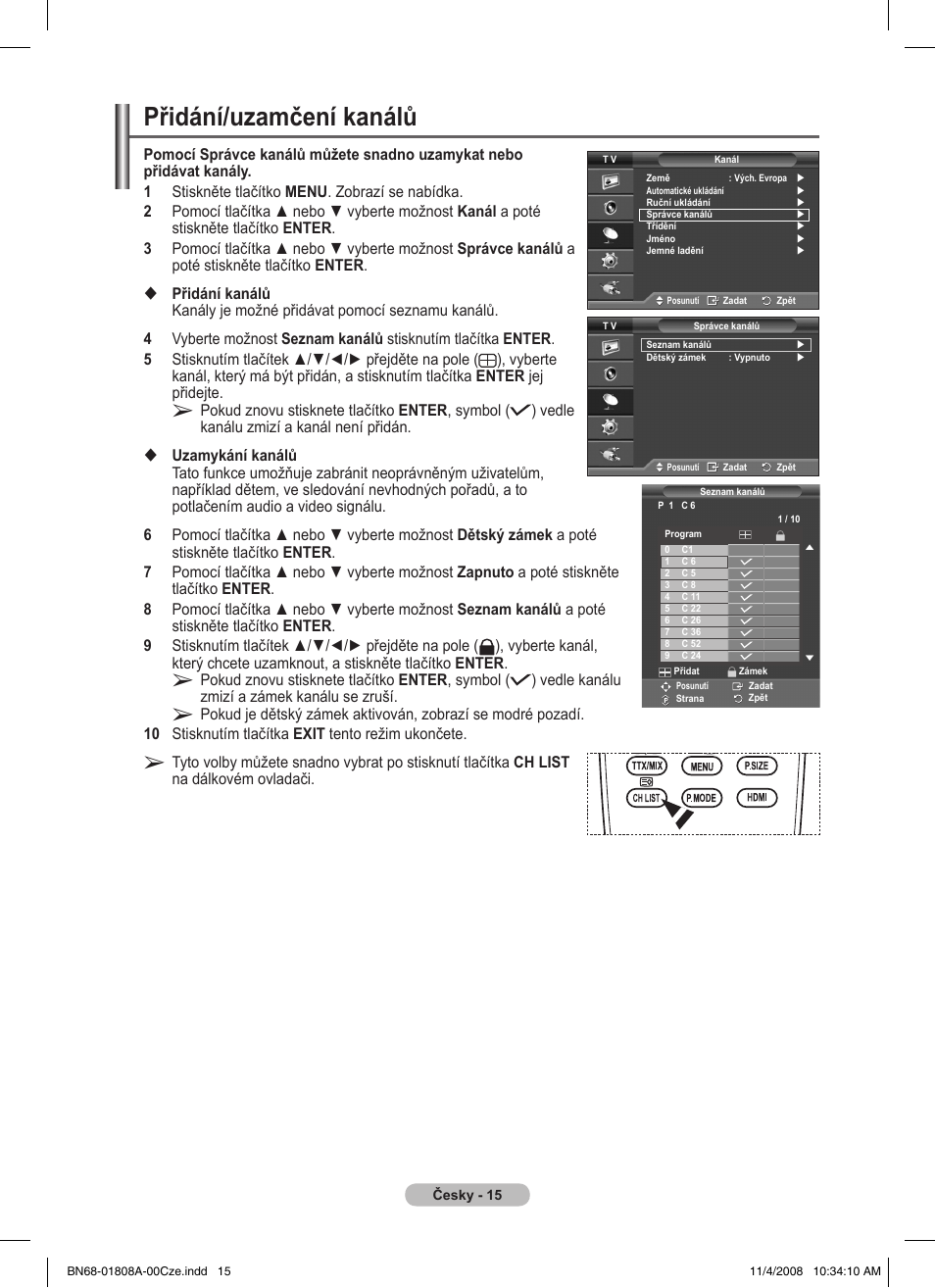 Přidání/uzamčení kanálů | Samsung PS50A410C1 User Manual | Page 356 / 455