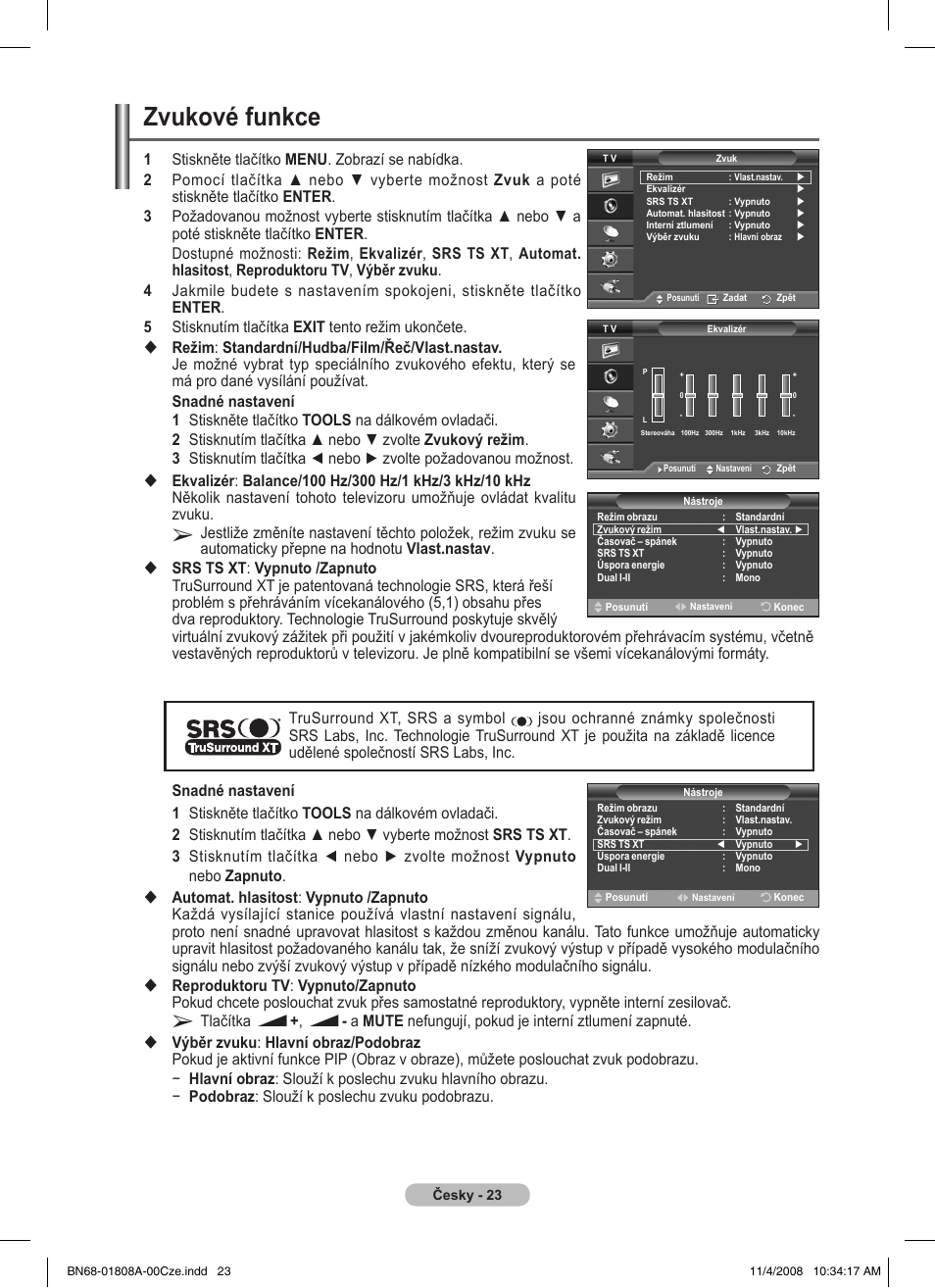 Zvukové funkce | Samsung PS50A410C1 User Manual | Page 364 / 455