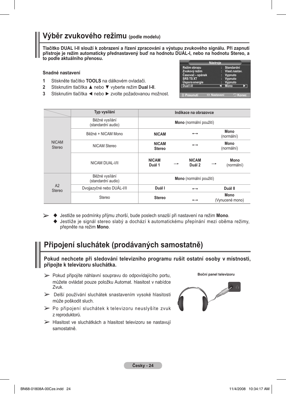 Výběr zvukového režimu, Připojení sluchátek (prodávaných samostatně) | Samsung PS50A410C1 User Manual | Page 365 / 455