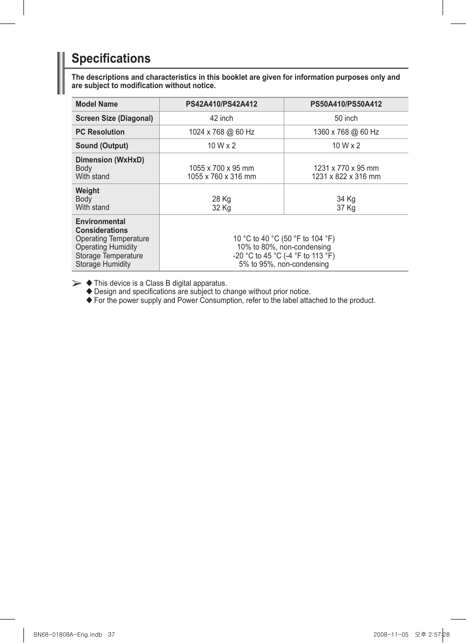 Specifications | Samsung PS50A410C1 User Manual | Page 37 / 455