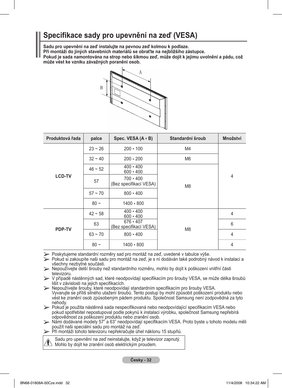 Specifikace sady pro upevnění na zeď (vesa) | Samsung PS50A410C1 User Manual | Page 373 / 455