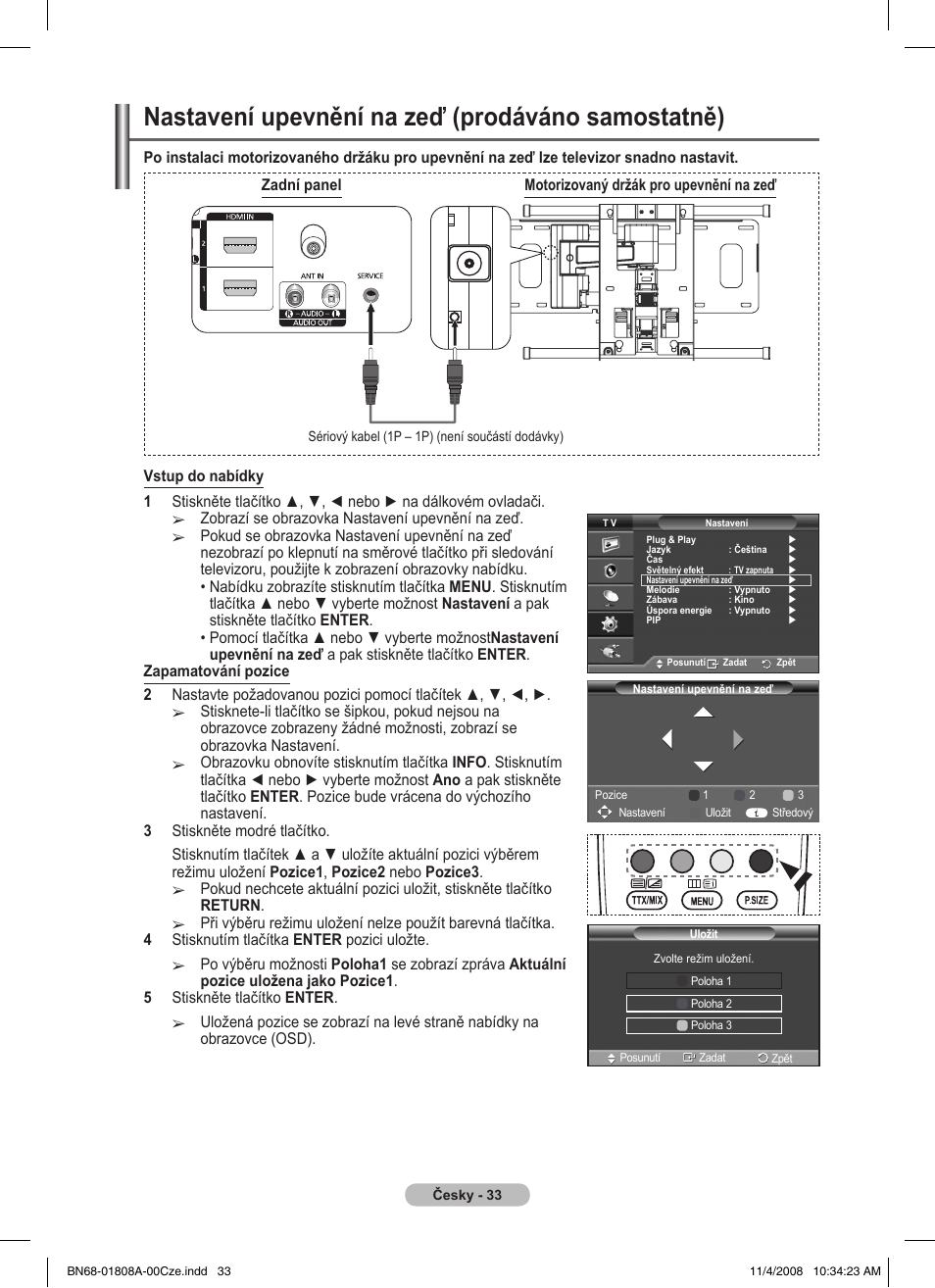 Nastavení upevnění na zeď (prodáváno samostatně) | Samsung PS50A410C1 User Manual | Page 374 / 455