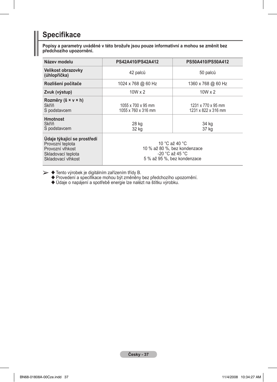 Specifikace | Samsung PS50A410C1 User Manual | Page 378 / 455