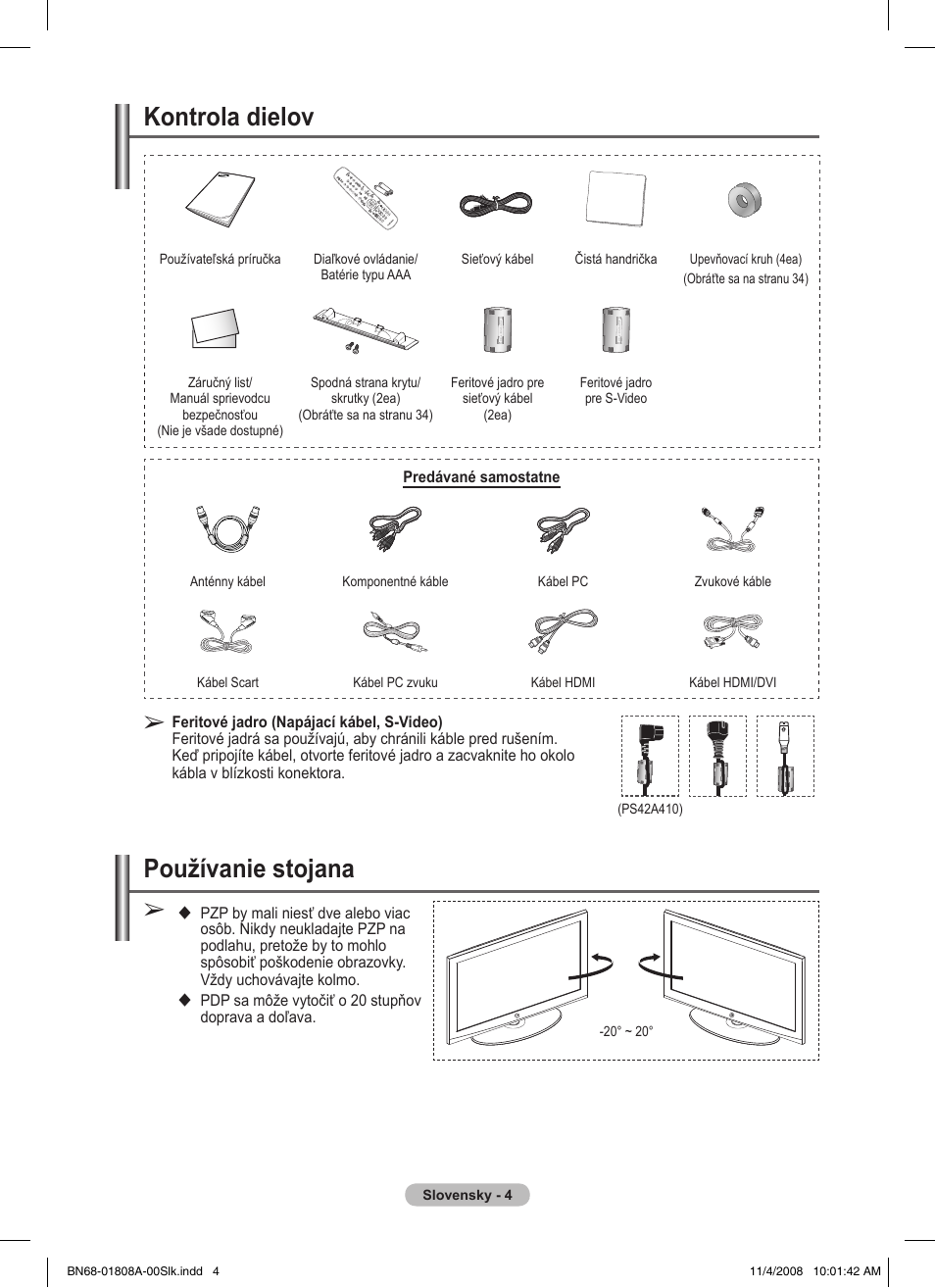 Kontrola dielov, Používanie stojana | Samsung PS50A410C1 User Manual | Page 382 / 455