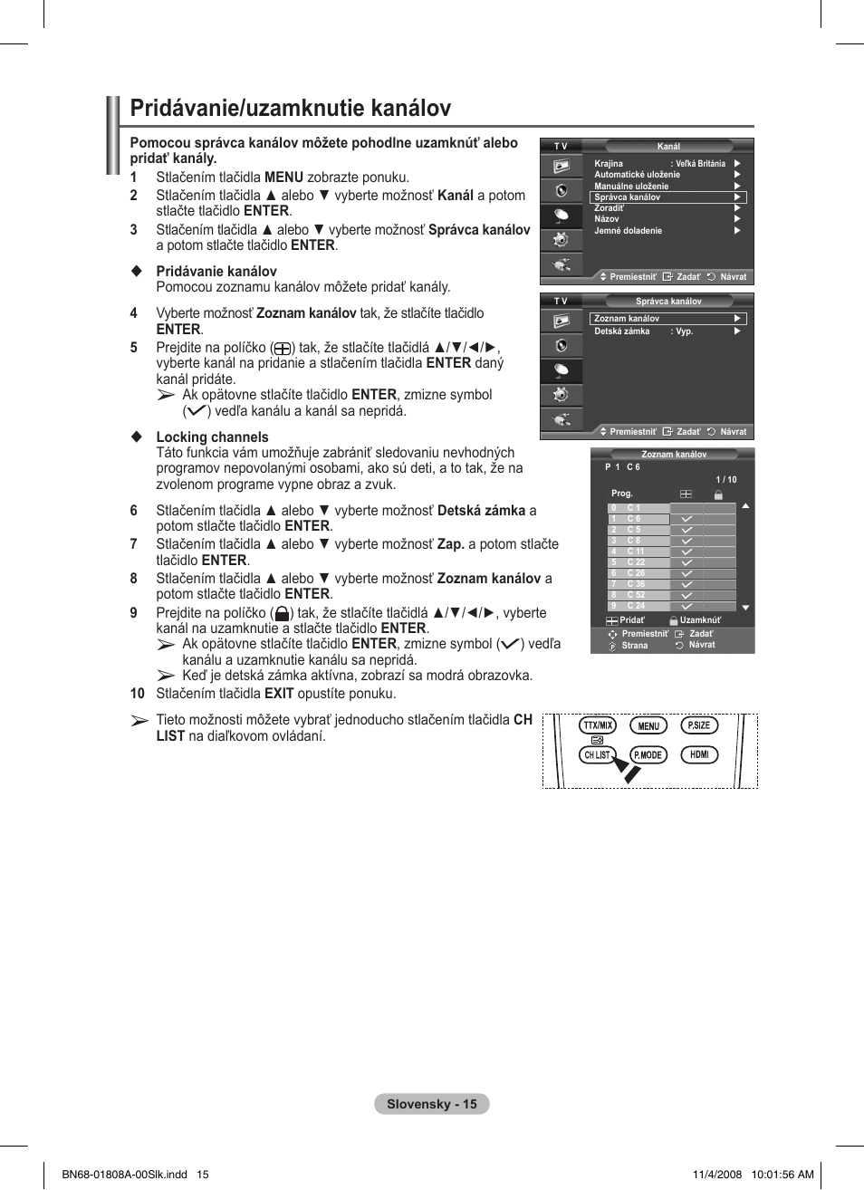 Pridávanie/uzamknutie kanálov | Samsung PS50A410C1 User Manual | Page 393 / 455