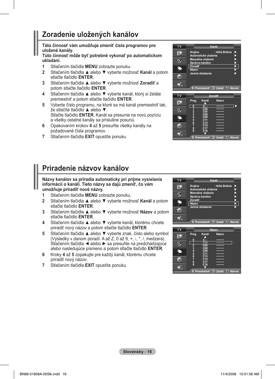 Zoradenie uložených kanálov, Priradenie názvov kanálov | Samsung PS50A410C1 User Manual | Page 394 / 455