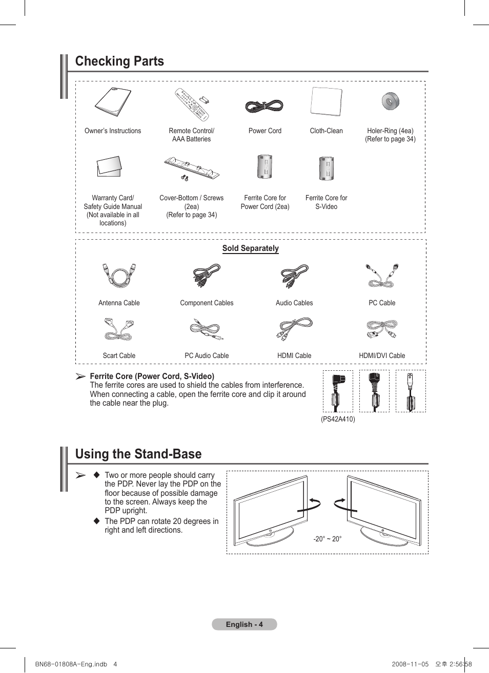 Checking parts, Using the stand-base | Samsung PS50A410C1 User Manual | Page 4 / 455