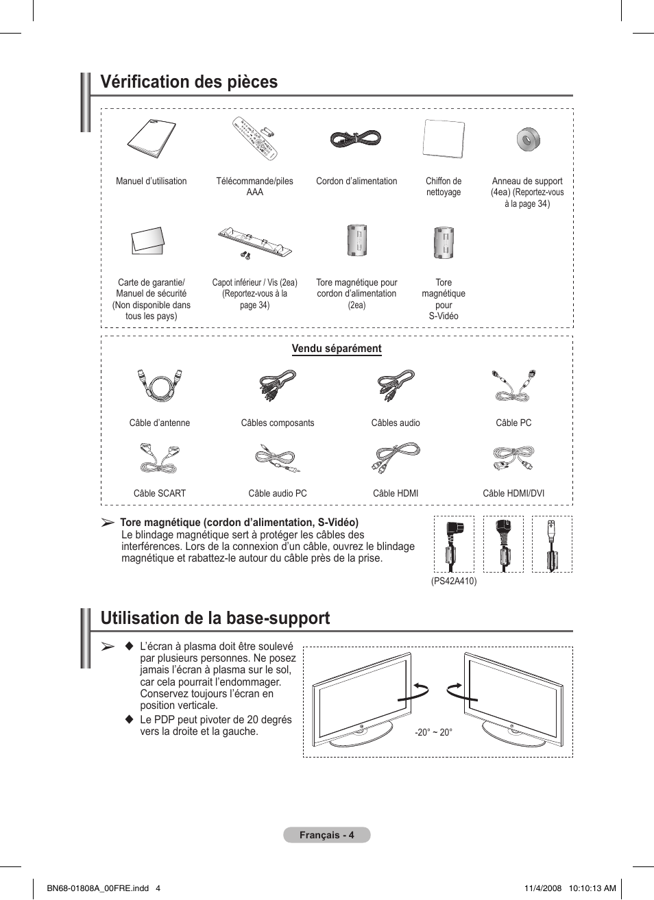 Vérification des pièces, Utilisation de la base-support | Samsung PS50A410C1 User Manual | Page 41 / 455