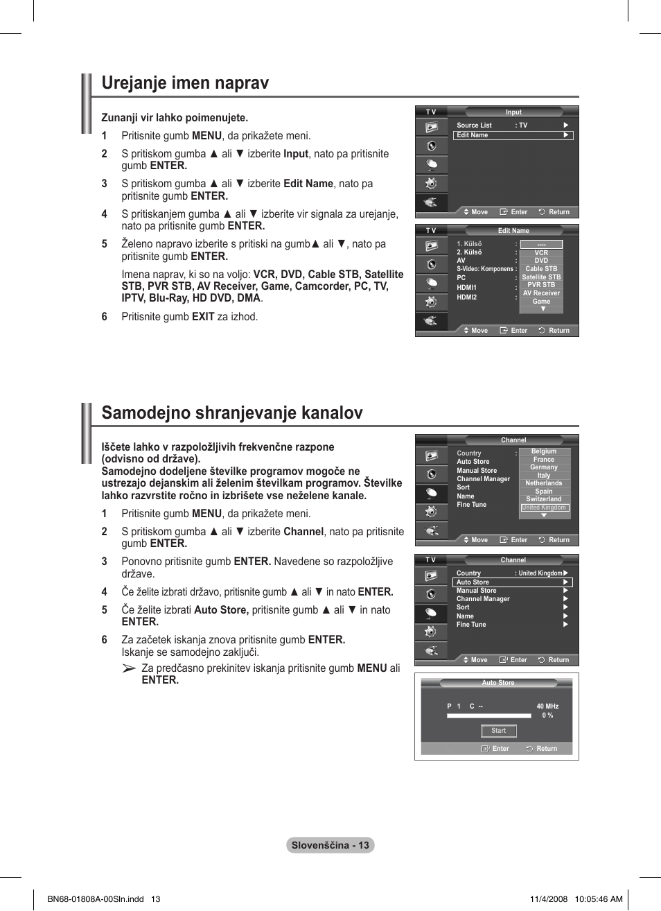 Urejanje imen naprav, Samodejno shranjevanje kanalov | Samsung PS50A410C1 User Manual | Page 429 / 455