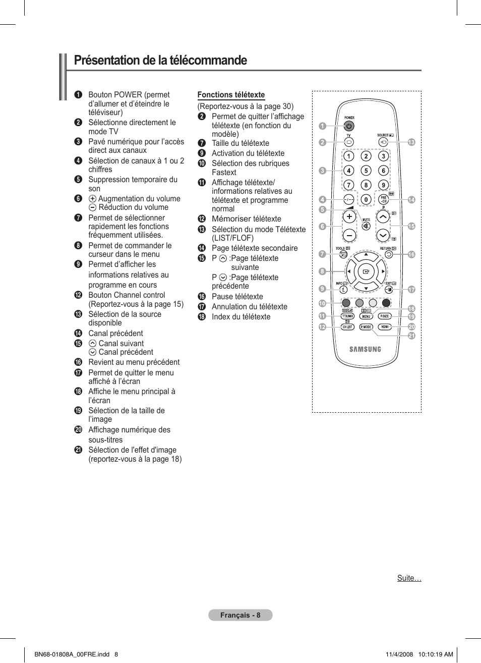 Présentation de la télécommande | Samsung PS50A410C1 User Manual | Page 45 / 455