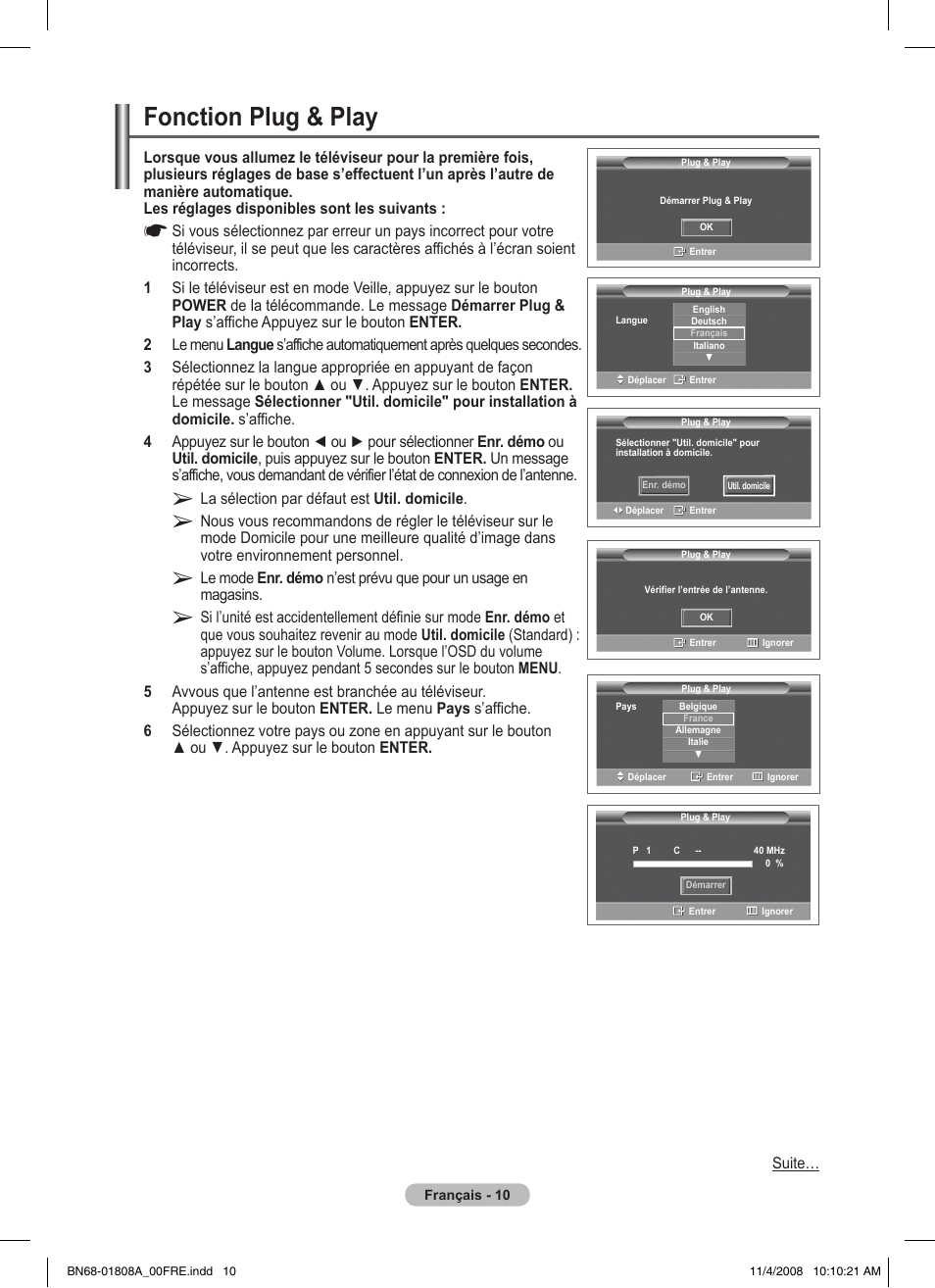 Fonction plug & play | Samsung PS50A410C1 User Manual | Page 47 / 455