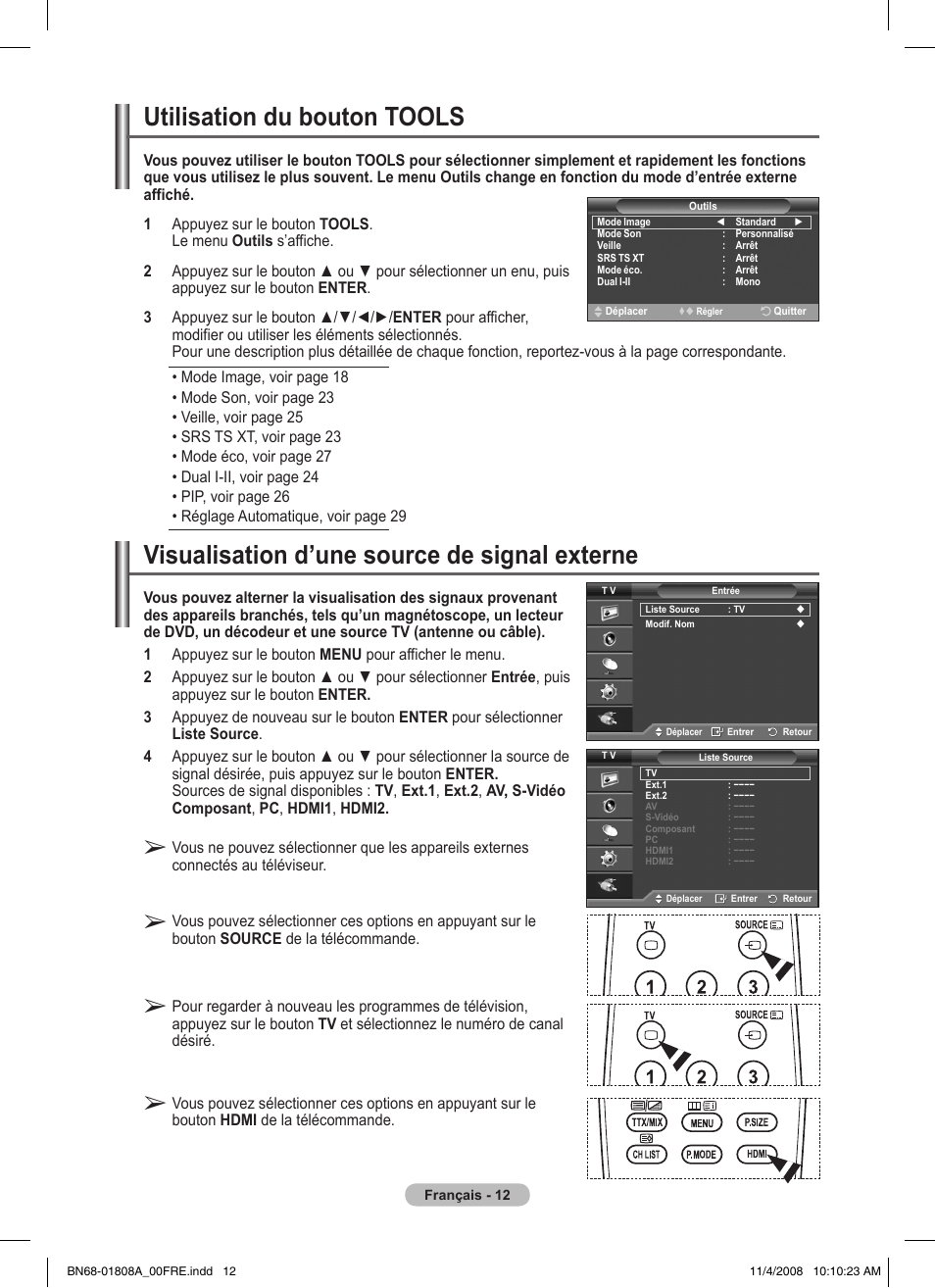 Utilisation du bouton tools, Visualisation d’une source de signal externe | Samsung PS50A410C1 User Manual | Page 49 / 455